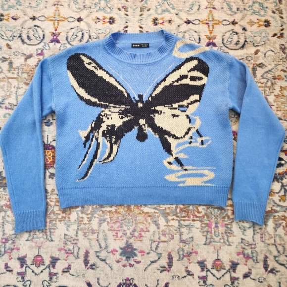 Shein Blue Knit Butterfly Women's Crop Sweater, size Medium - Picture 1 of 9